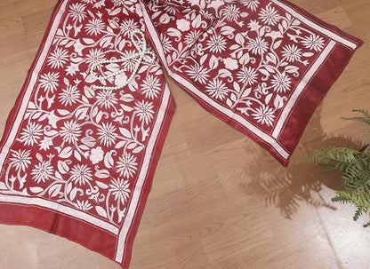 Exquisite Maroon Kantha Silk Stole: Hand Embroidered & Pure Bangalore Silk - Luxurion World