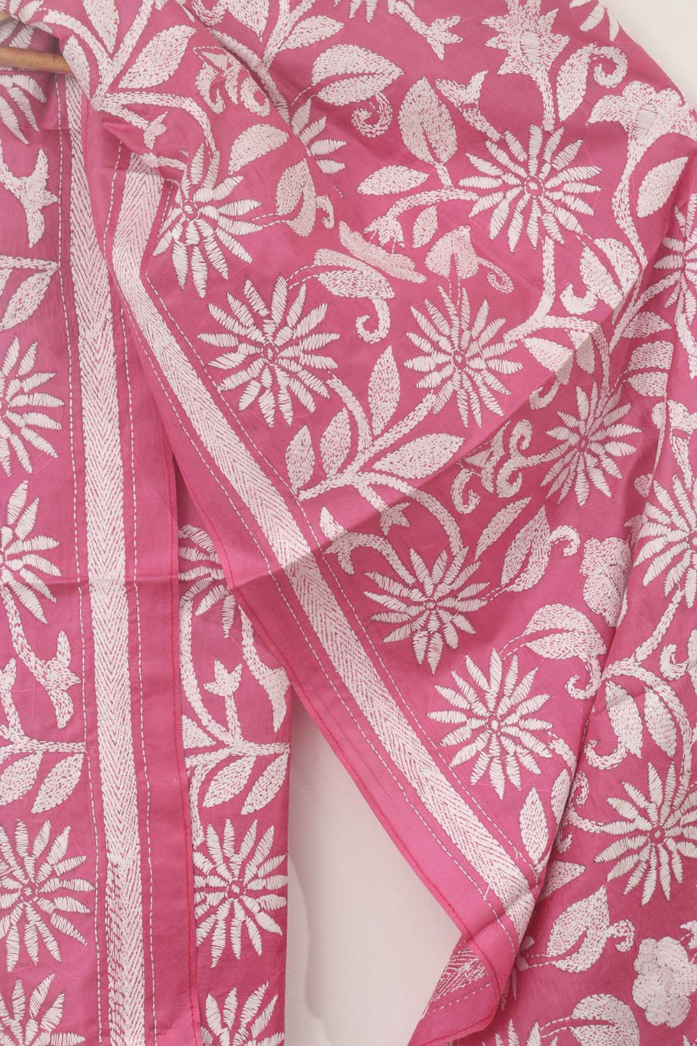 Exquisite Pink Kantha Silk Stole: Hand-Embroidered Elegance - Luxurion World