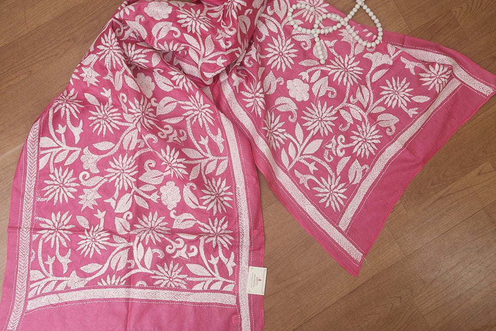 Exquisite Pink Kantha Silk Stole: Hand-Embroidered Elegance - Luxurion World