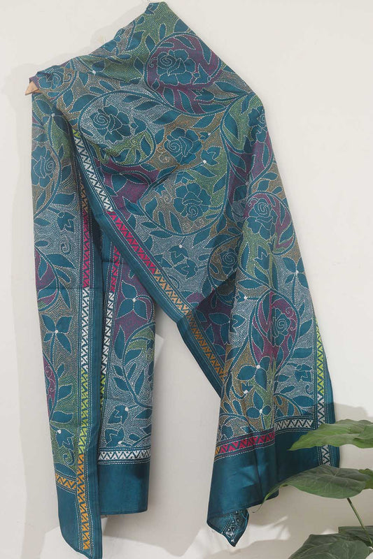 Blue Hand Embroidered Kantha Pure Bangalore Silk Stole: Elegant and Exquisite Fashion Accessory