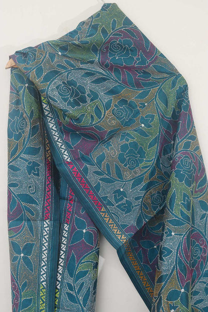 Blue Hand Embroidered Kantha Pure Bangalore Silk Stole: Elegant and Exquisite Fashion Accessory - Luxurion World