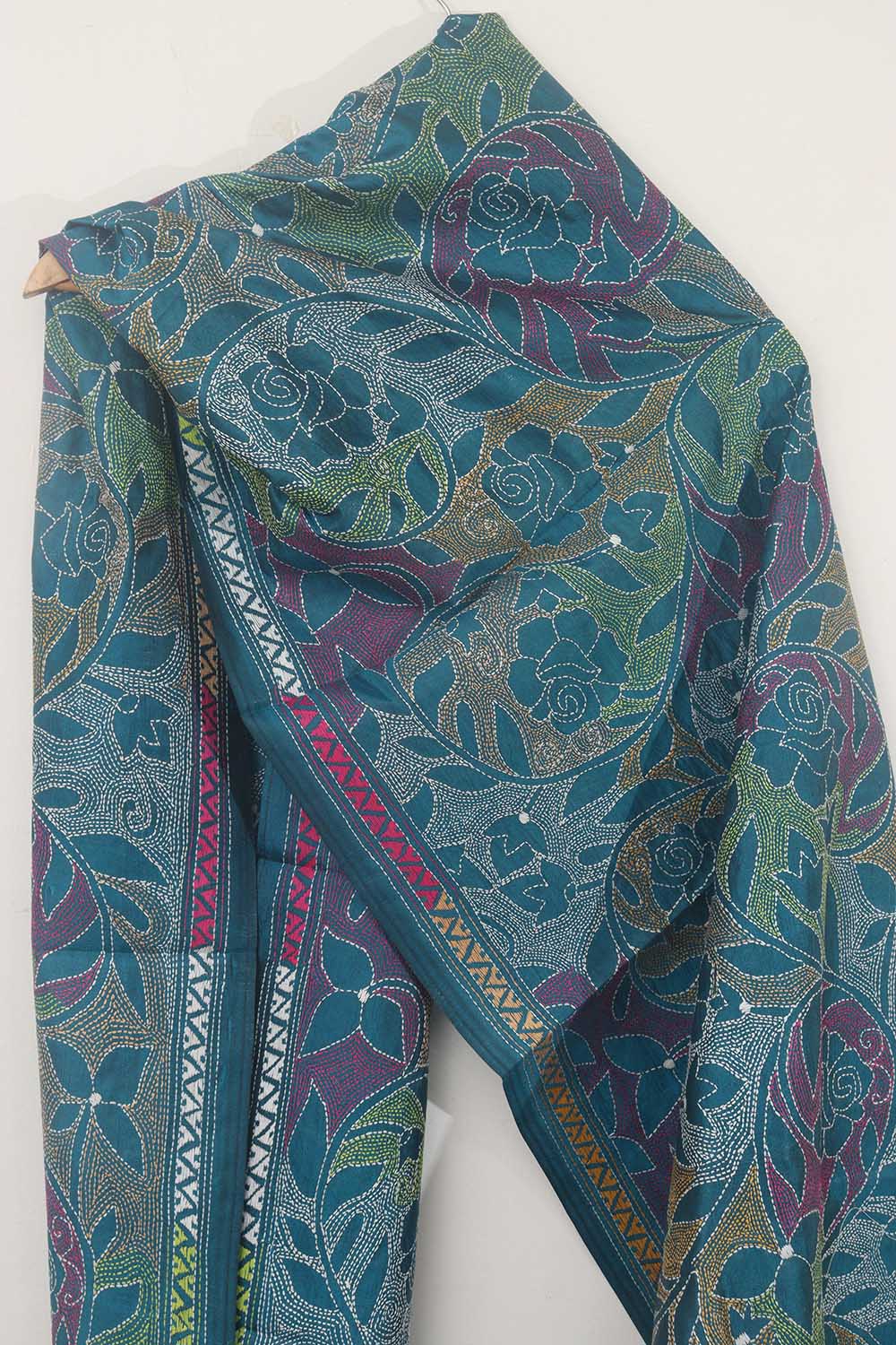 Blue Hand Embroidered Kantha Pure Bangalore Silk Stole: Elegant and Exquisite Fashion Accessory - Luxurion World