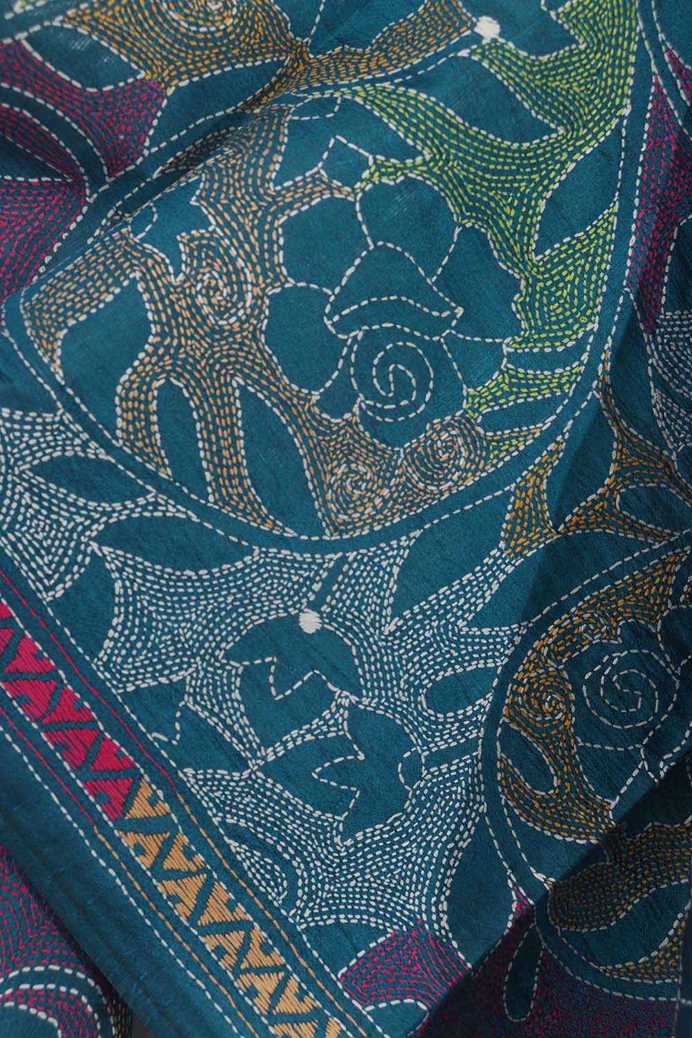 Blue Hand Embroidered Kantha Pure Bangalore Silk Stole: Elegant and Exquisite Fashion Accessory - Luxurion World