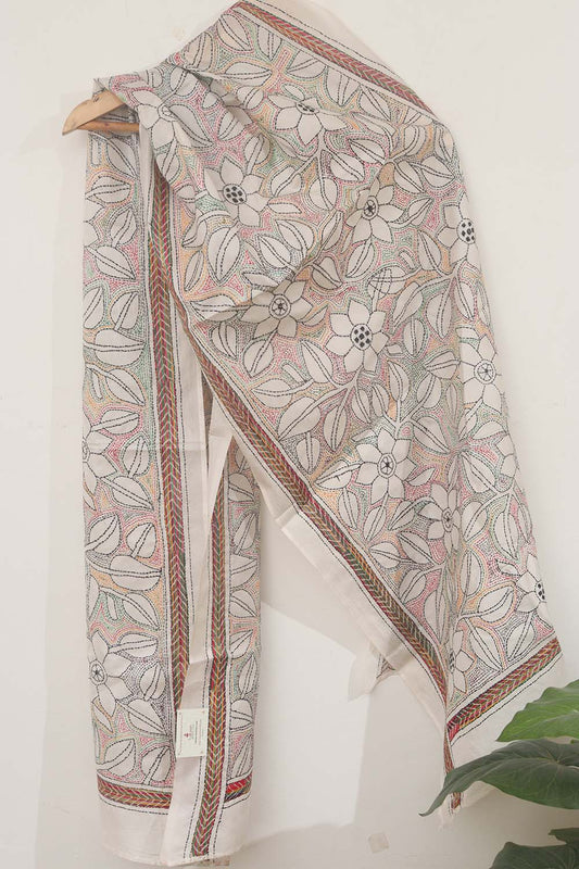 Elegant Off White Kantha Silk Stole with Hand Embroidery