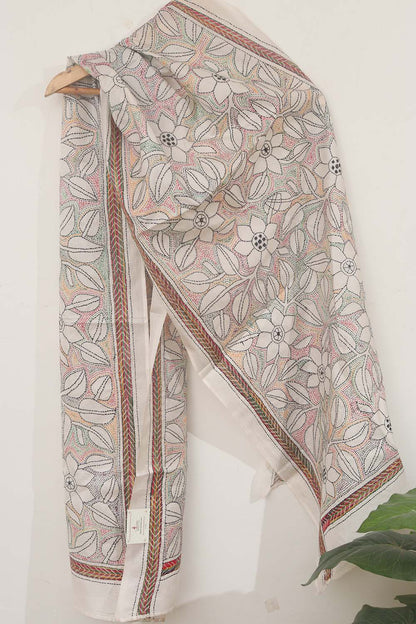 Elegant Off White Kantha Silk Stole with Hand Embroidery - Luxurion World