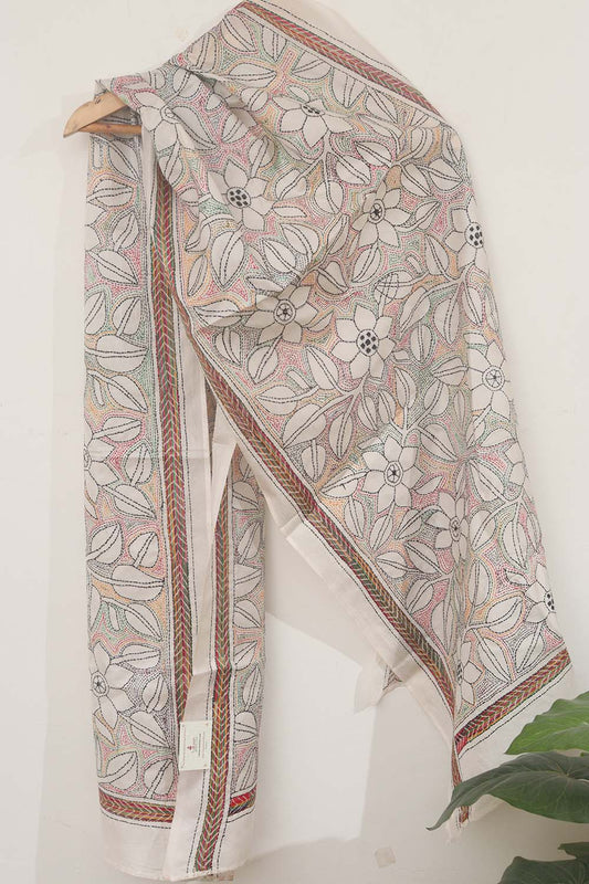 Elegant Off White Kantha Silk Stole with Hand Embroidery - Luxurion World