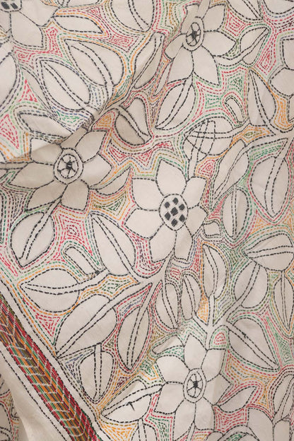 Elegant Off White Kantha Silk Stole with Hand Embroidery - Luxurion World