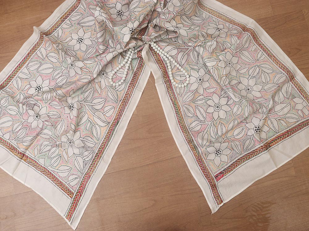 Elegant Off White Kantha Silk Stole with Hand Embroidery - Luxurion World