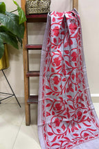 Grey Hand Embroidered Kantha Bangalore Silk Stole - Luxurion World