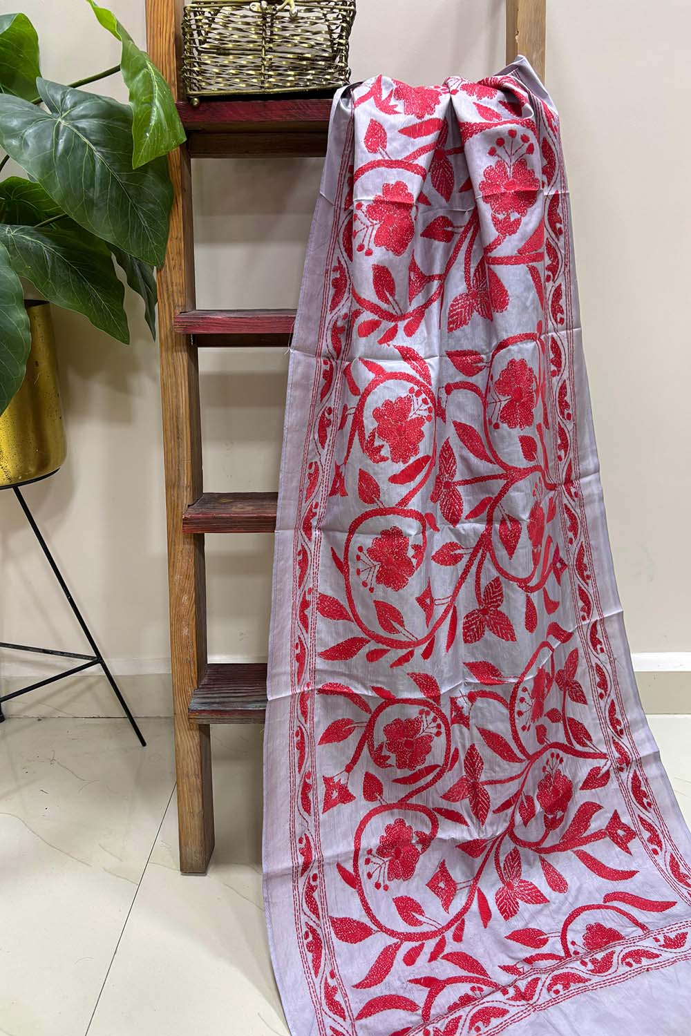 Grey Hand Embroidered Kantha Bangalore Silk Stole - Luxurion World