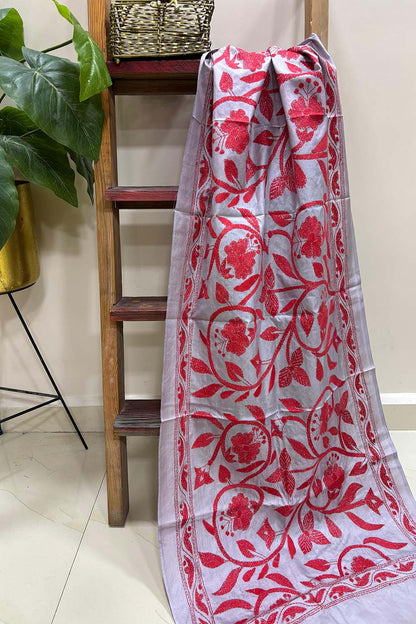 Grey Hand Embroidered Kantha Bangalore Silk Stole - Luxurion World
