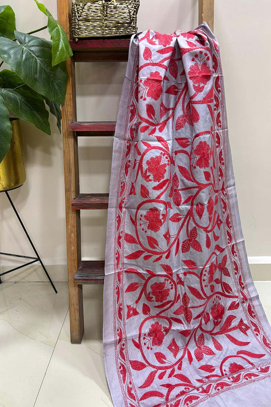 Grey Hand Embroidered Kantha Bangalore Silk Stole - Luxurion World