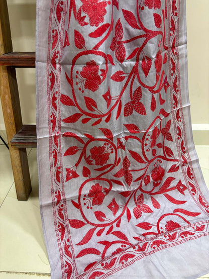 Grey Hand Embroidered Kantha Bangalore Silk Stole - Luxurion World