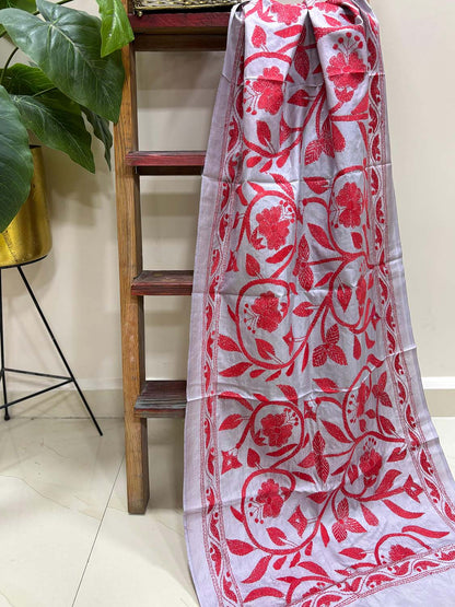 Grey Hand Embroidered Kantha Bangalore Silk Stole - Luxurion World