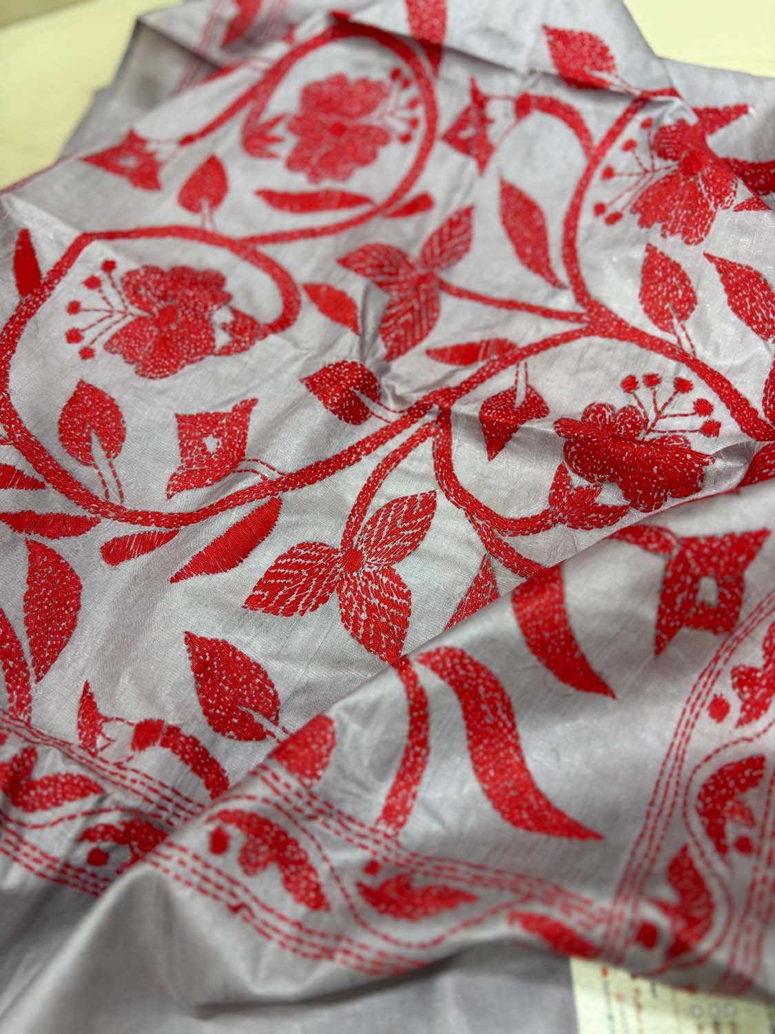 Grey Hand Embroidered Kantha Bangalore Silk Stole - Luxurion World