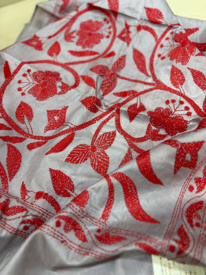 Grey Hand Embroidered Kantha Bangalore Silk Stole - Luxurion World