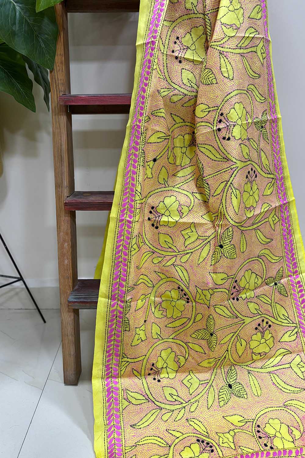 Yellow Hand Embroidered Kantha Bangalore Silk Stole - Luxurion World- Crafted Heirlooms
