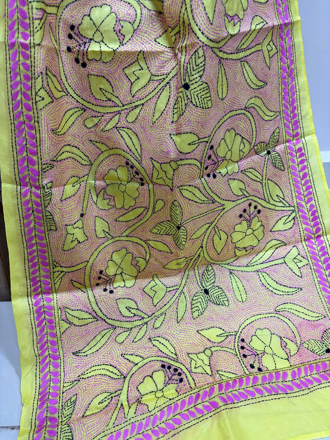 Yellow Hand Embroidered Kantha Bangalore Silk Stole - Luxurion World- Crafted Heirlooms
