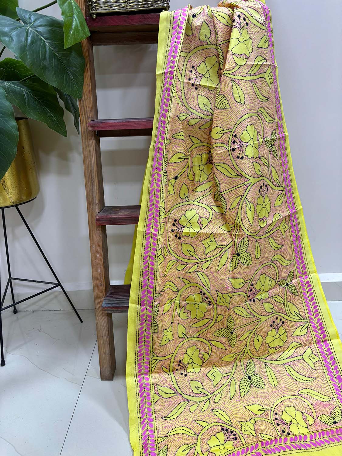 Yellow Hand Embroidered Kantha Bangalore Silk Stole - Luxurion World- Crafted Heirlooms