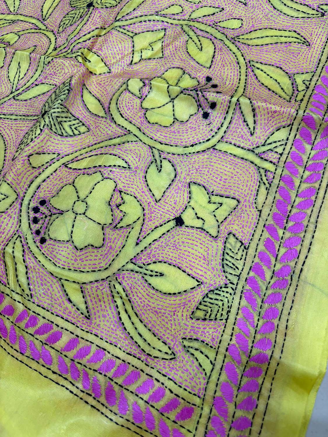 Yellow Hand Embroidered Kantha Bangalore Silk Stole - Luxurion World- Crafted Heirlooms