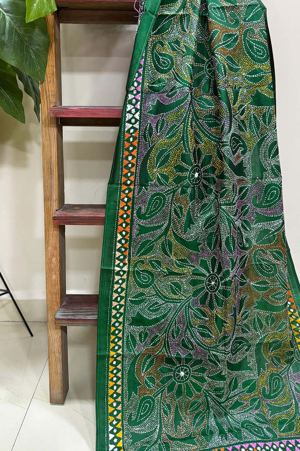 Green Hand Embroidered Kantha Bangalore Silk Stole - Luxurion World- Crafted Heirlooms