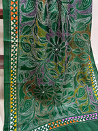 Green Hand Embroidered Kantha Bangalore Silk Stole - Luxurion World- Crafted Heirlooms