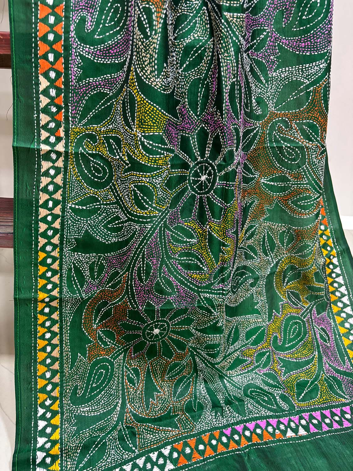 Green Hand Embroidered Kantha Bangalore Silk Stole - Luxurion World- Crafted Heirlooms