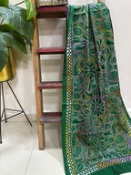 Green Hand Embroidered Kantha Bangalore Silk Stole - Luxurion World- Crafted Heirlooms