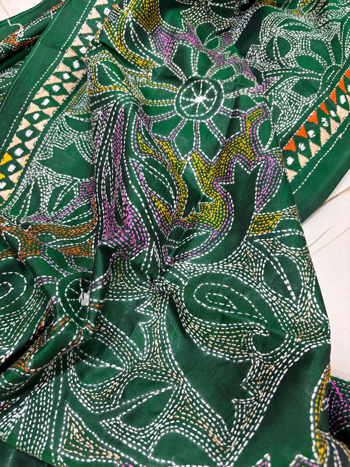 Green Hand Embroidered Kantha Bangalore Silk Stole - Luxurion World- Crafted Heirlooms