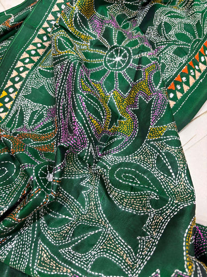 Green Hand Embroidered Kantha Bangalore Silk Stole - Luxurion World