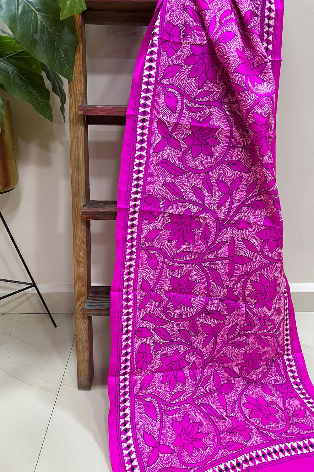 Pretty in Pink: Hand Embroidered Kantha Bangalore Silk Stole - Luxurion World- Crafted Heirlooms