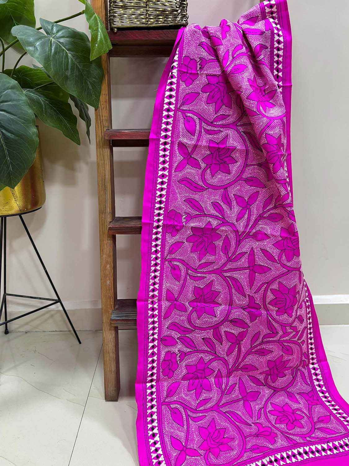 Pretty in Pink: Hand Embroidered Kantha Bangalore Silk Stole - Luxurion World- Crafted Heirlooms