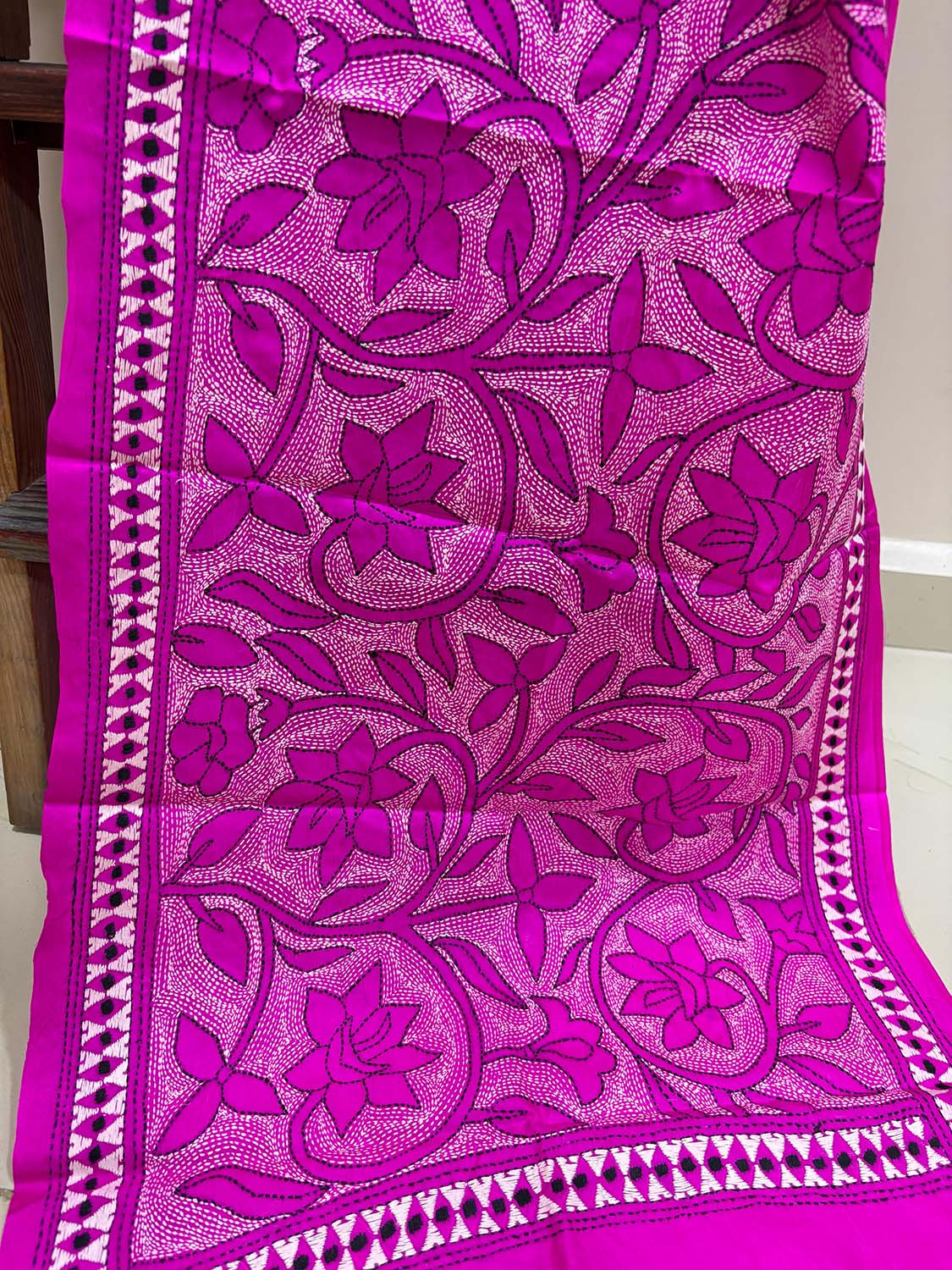 Pretty in Pink: Hand Embroidered Kantha Bangalore Silk Stole - Luxurion World- Crafted Heirlooms