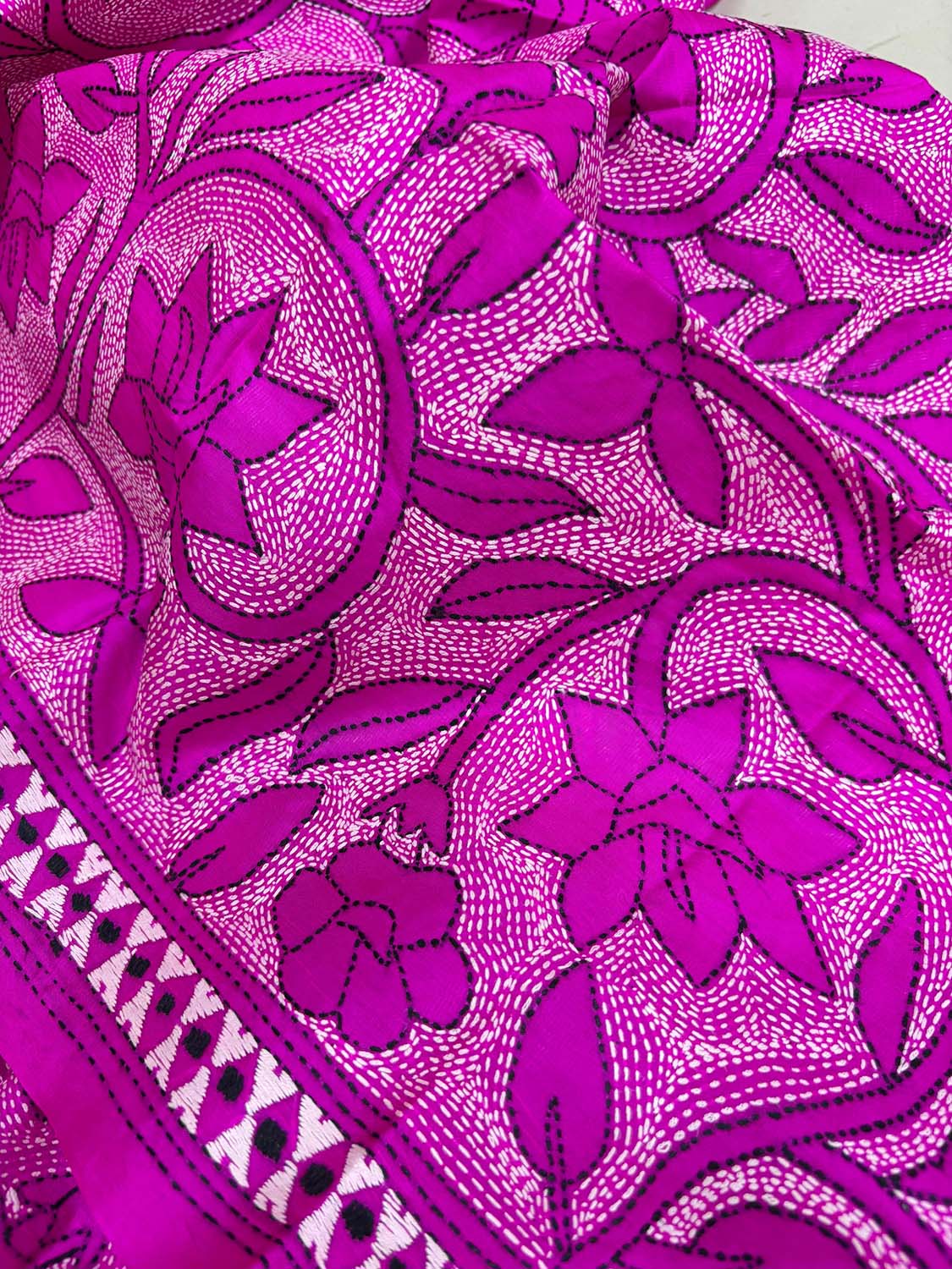 Pretty in Pink: Hand Embroidered Kantha Bangalore Silk Stole - Luxurion World- Crafted Heirlooms