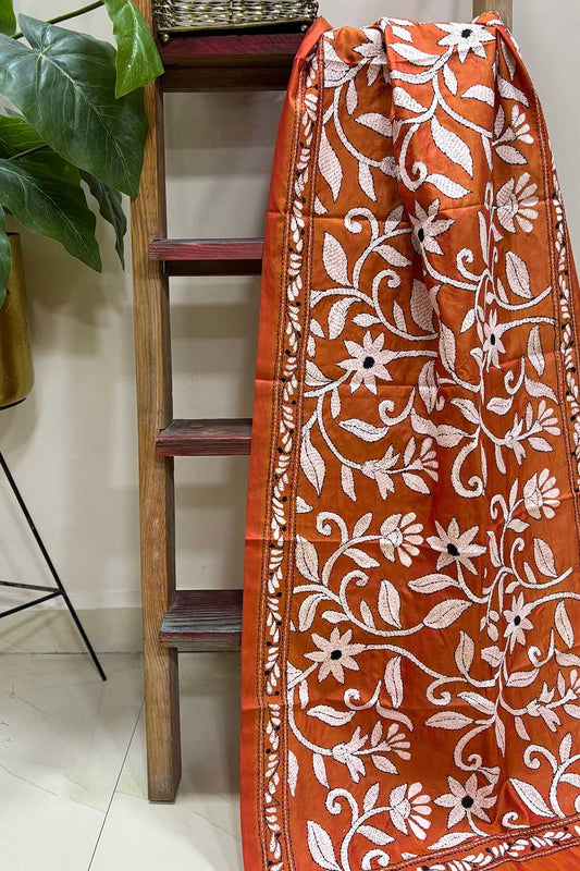 Orange Hand Embroidered Kantha Bangalore Silk Stole - Luxurion World