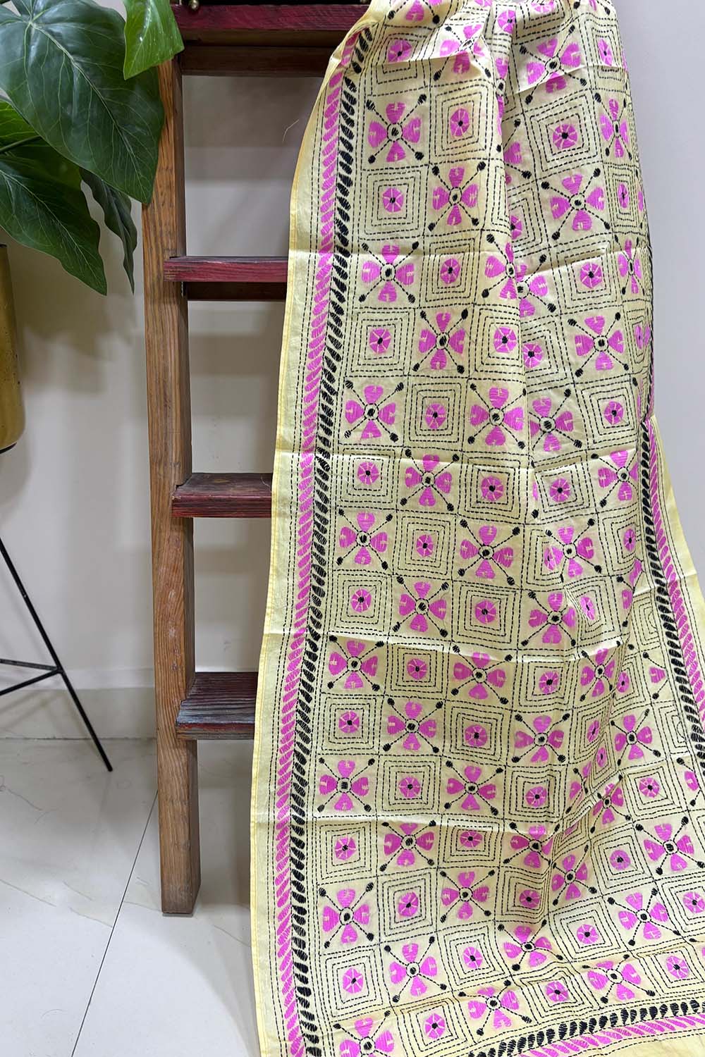 Yellow Hand Embroidered Kantha Bangalore Silk Stole - Luxurion World- Crafted Heirlooms