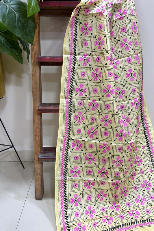 Yellow Hand Embroidered Kantha Bangalore Silk Stole - Luxurion World