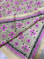 Yellow Hand Embroidered Kantha Bangalore Silk Stole - Luxurion World- Crafted Heirlooms