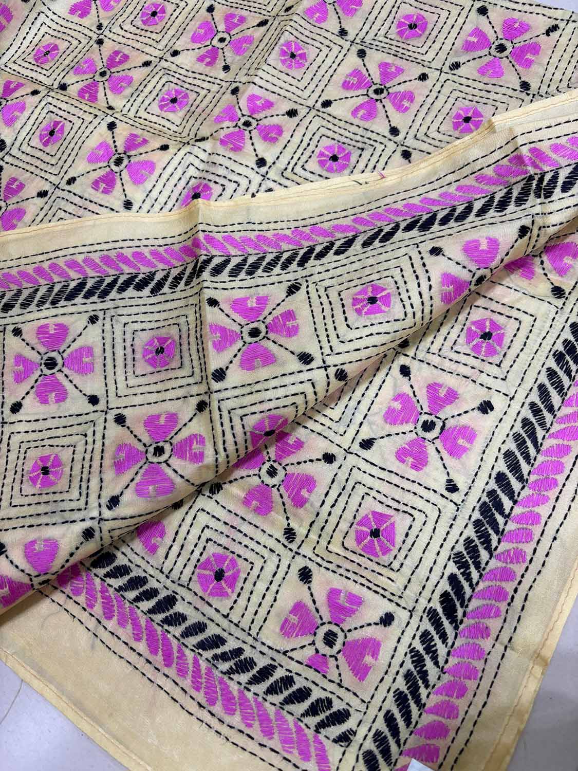 Yellow Hand Embroidered Kantha Bangalore Silk Stole - Luxurion World- Crafted Heirlooms