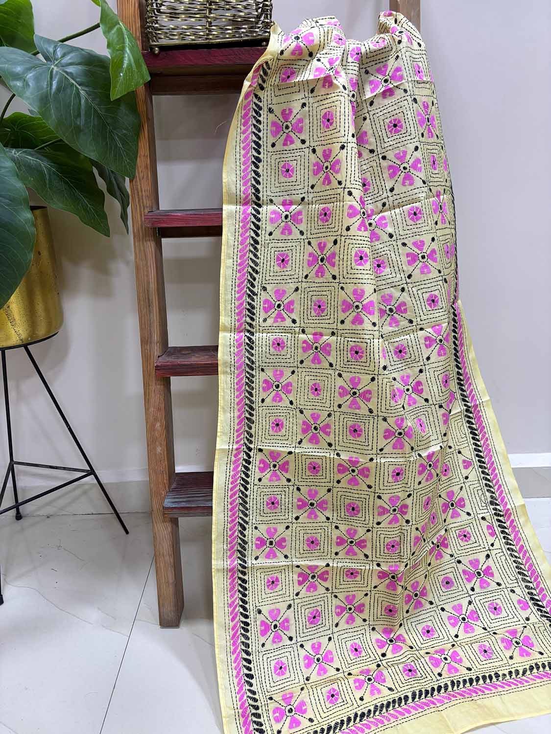 Yellow Hand Embroidered Kantha Bangalore Silk Stole - Luxurion World- Crafted Heirlooms