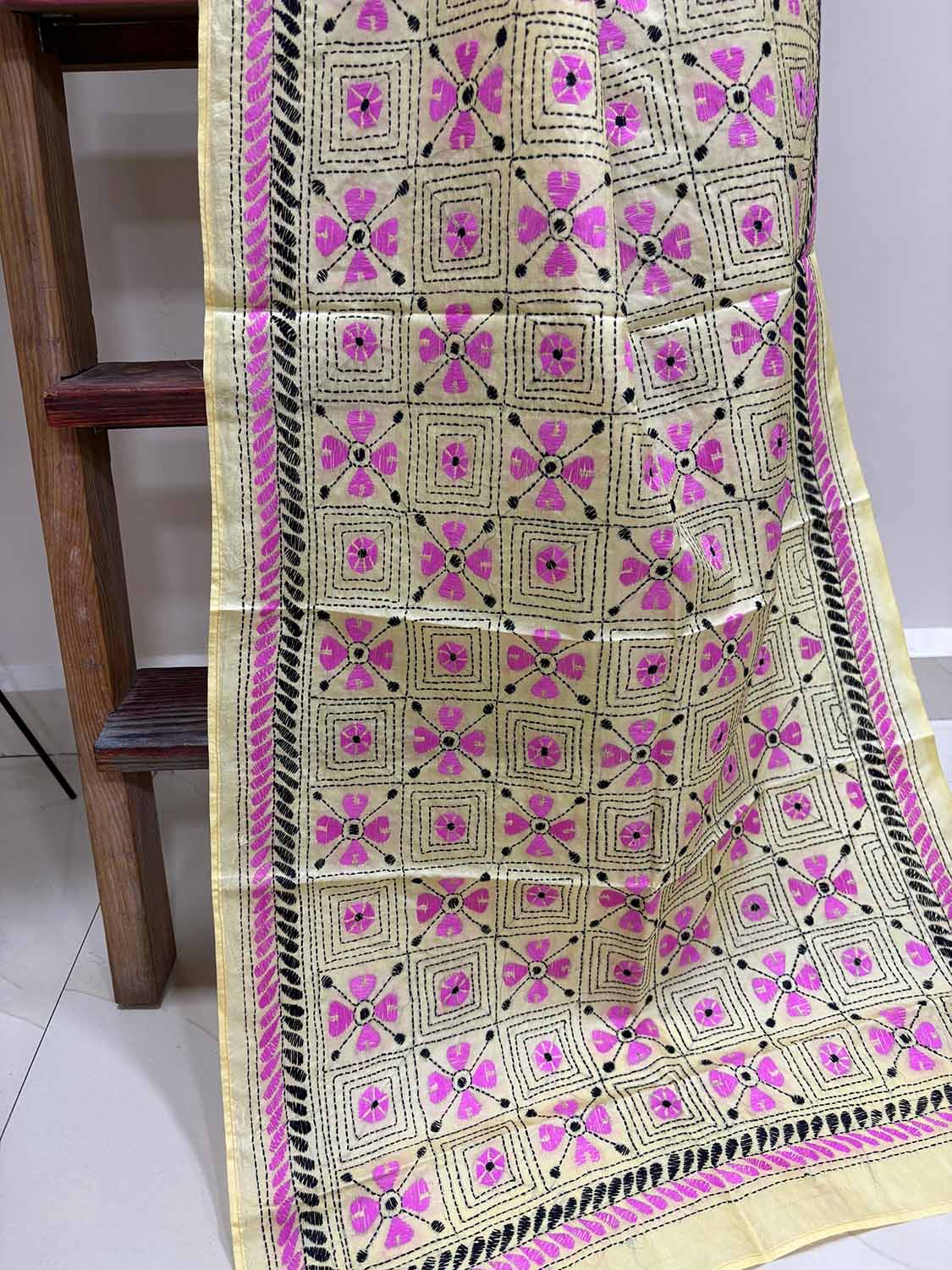 Yellow Hand Embroidered Kantha Bangalore Silk Stole - Luxurion World- Crafted Heirlooms