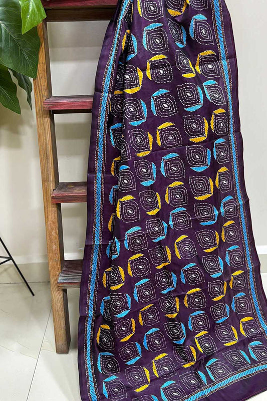 Exquisite Purple Hand Embroidered Kantha Bangalore Silk Stole - Luxurion World