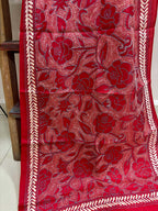 Red Hand Embroidered Kantha Bangalore Silk Stole - Luxurion World- Crafted Heirlooms