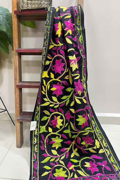Exquisite Black Hand Embroidered Kantha Bangalore Silk Stole - Luxurion World