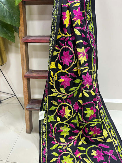Exquisite Black Hand Embroidered Kantha Bangalore Silk Stole - Luxurion World