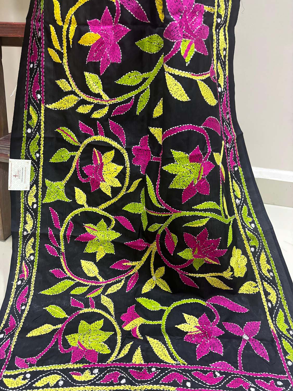 Exquisite Black Hand Embroidered Kantha Bangalore Silk Stole - Luxurion World