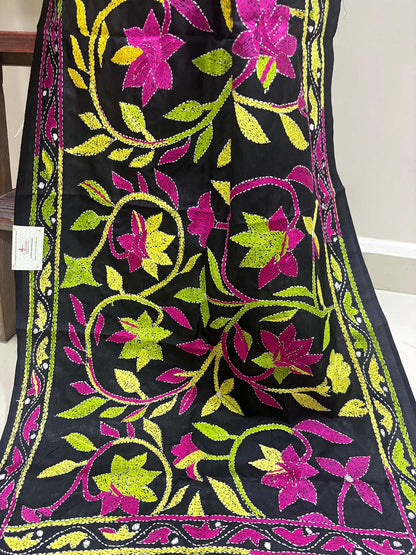 Exquisite Black Hand Embroidered Kantha Bangalore Silk Stole - Luxurion World