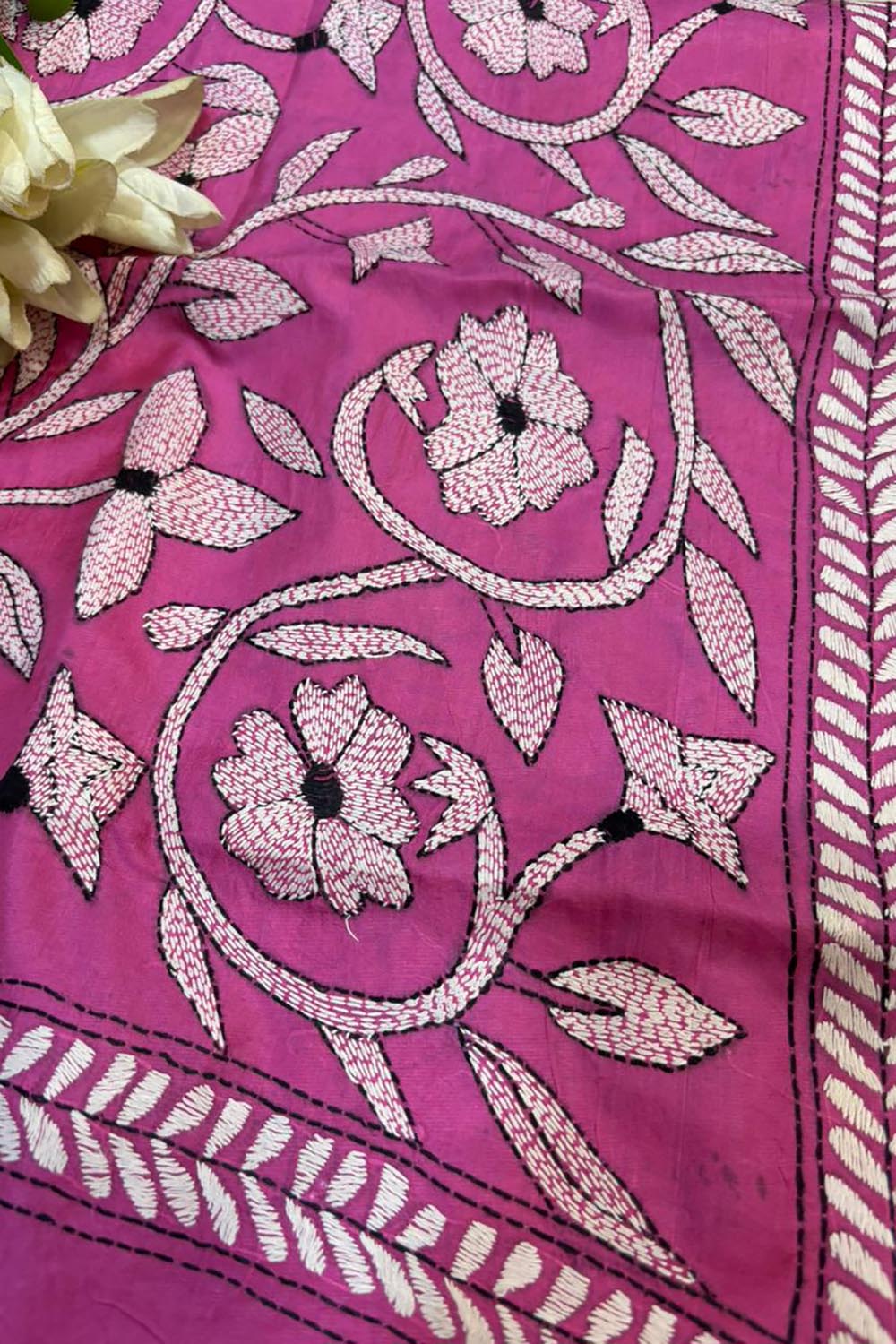 Pink Hand Embroidered Kantha Bangalore Silk Stole - Luxurion World- Crafted Heirlooms
