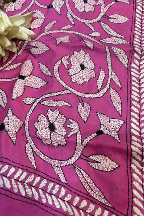 Pink Hand Embroidered Kantha Bangalore Silk Stole - Luxurion World- Crafted Heirlooms