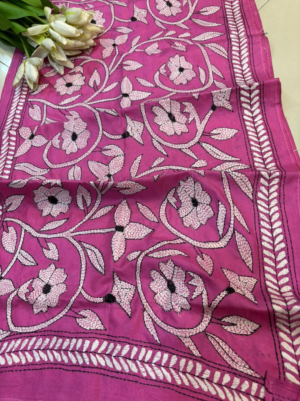 Pink Hand Embroidered Kantha Bangalore Silk Stole - Luxurion World- Crafted Heirlooms